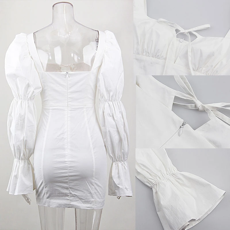 

Giyu Sexy White Dress 2020 Autumn Long Puff Sleeve Lace Up Mini Bodycon Dresses Club Party Vestidos Elegant Ruched Backless Robe