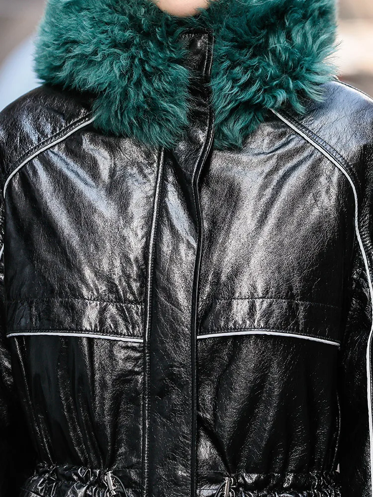 

JCHB 2021 fashion sheep skin bright face leather coat hooded casual leather down jacket women's middle winter