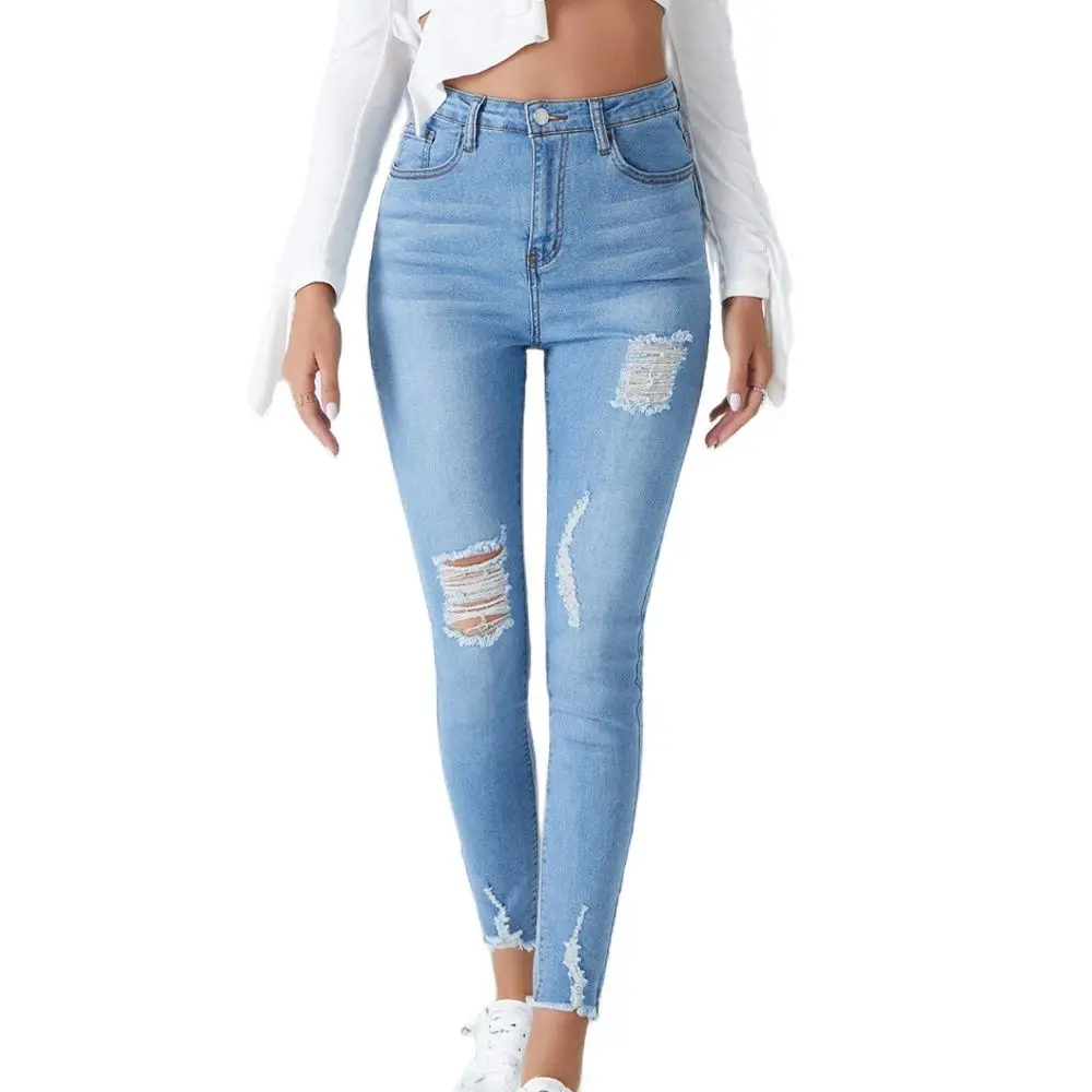 

Blue High Waist Women Casual Jeans 2021 Spring Stretch Skinny Sexy Hole Streetwear Denim Trousers Lady Slim Denim Pencil Pants