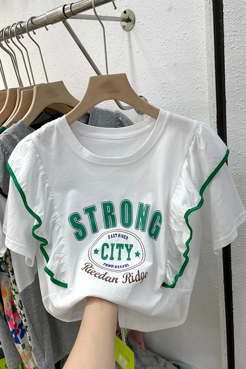 

T-shirt in Contrast Color Women's Short-Sleeved Design Sense Summer 2021 New French Casual Loose Western Style Ruffle Tops