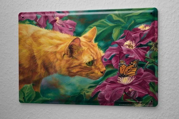 

Tin Sign Ravtive Vet Practice Cat smelling flower