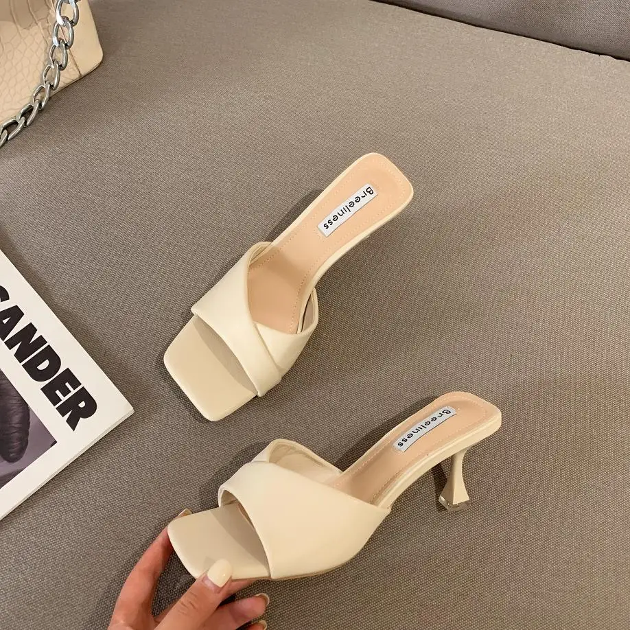 

ZAR 2021 Summer New Khaki Fashion Square Toe High Heels Sexy Outer Wear Stiletto Muller Sandals And Slippers Women Luxury Brand