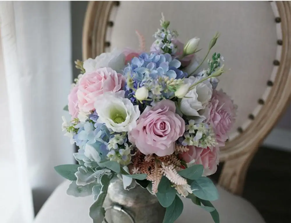 

JaneVini Elegant Pink Purple Flowers Artificial Wedding Bouquets Silk Roses Green Eucalyptus Bridal Fake Bouquet Ramo De Novia