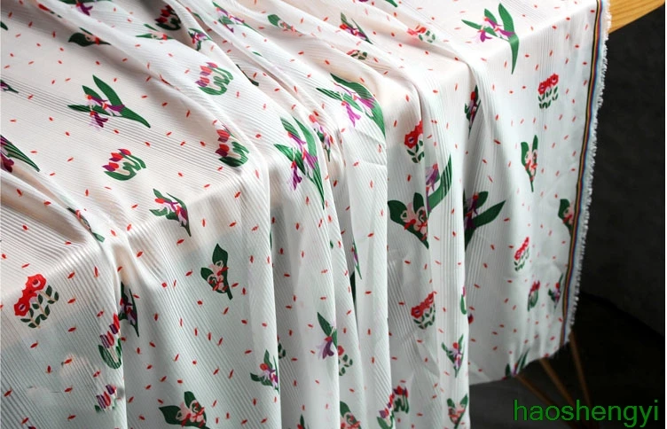 Printed white stripe red green pink flowers and grass chiffon decorative fabric translucent beach wind shirt | Дом и сад
