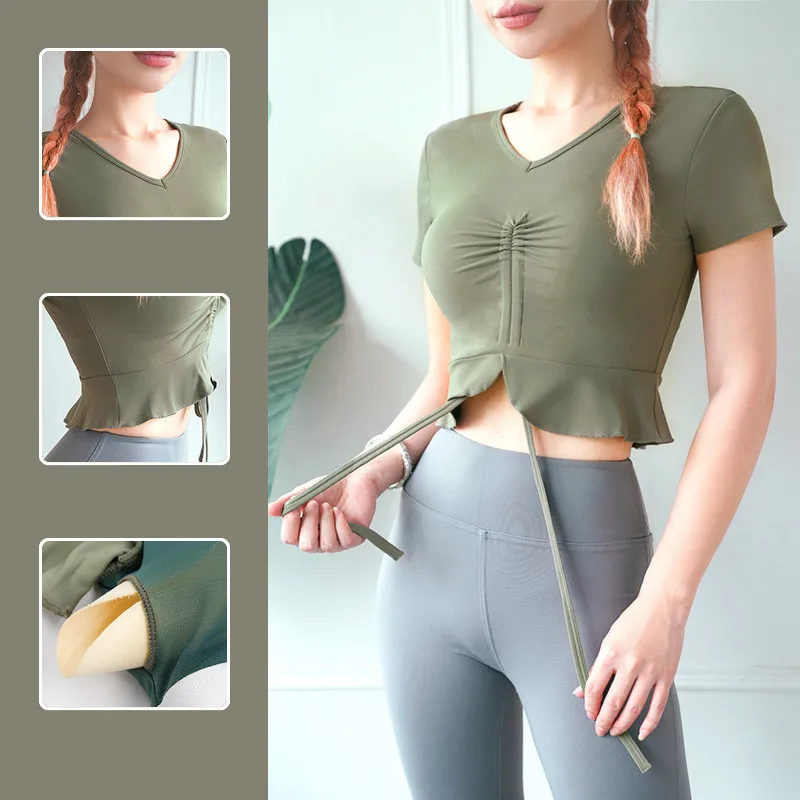 

Women's Fitness Short Sleeve Crop Top Elastic Yoga Shirts Slim Fit Gym Running Fitness T-shirts Workout Tops 2021