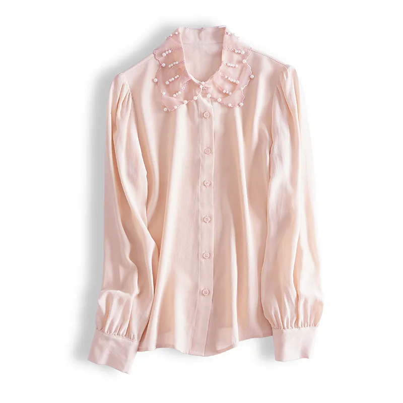 

100% REAL SILK CREPE Womens tops and blouses beading shirt elegant long sleeve office ladies blusas korean camiseta mujer summer