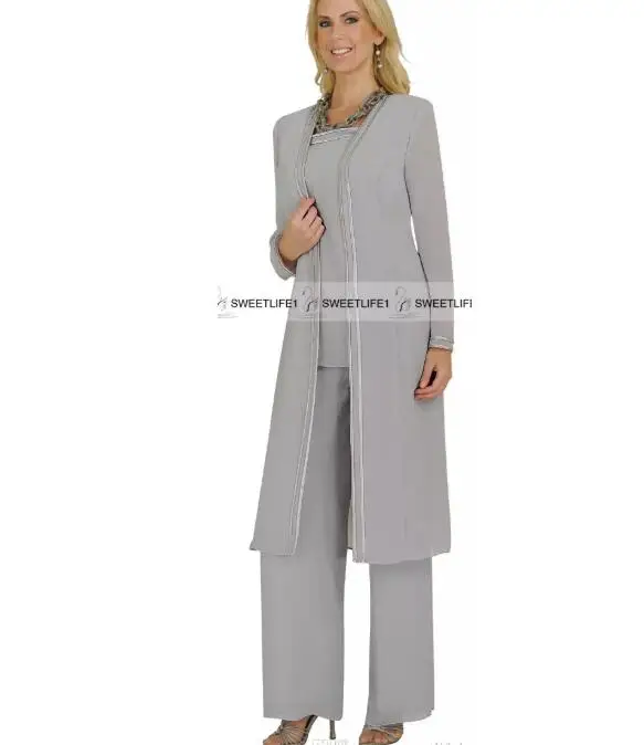 

custom 3 Pieces Fashion Tiered sliver Chiffon Mother of the Bride Dress Pants suit with Jacket Outfit long Sleeves for Wedding
