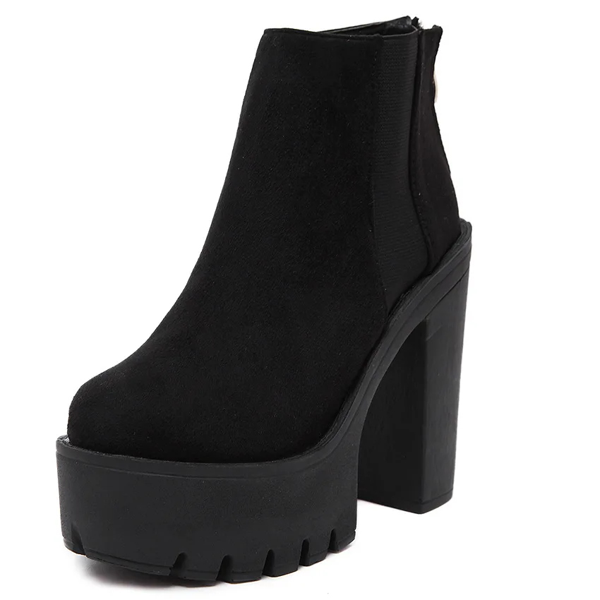

2021 Fashion Black Ankle Boots For Women Thick Heels Spring Autumn Flock Platform Shoes High Heels Black Zipper Ladies Boots