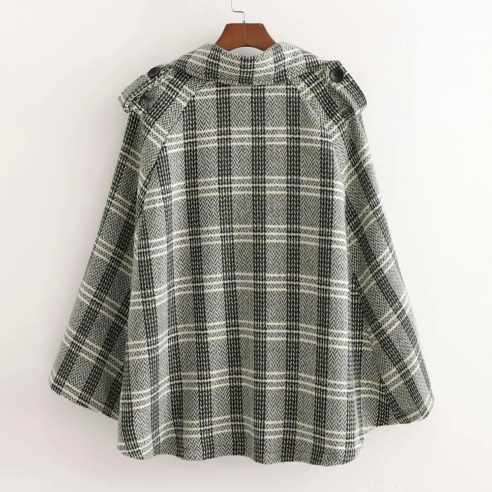 

Women's Double Breasted Cloak Sleeve Plaid Tweed Cape Coat Autumn Winter Elegant OL Workwear Women Turn Down CollarOutwear Coats