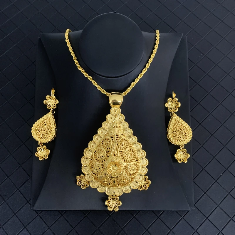 

Роскошные золотые серьги-подвески, набор женских ювелирных украшений в виде цветов в турецком стиле