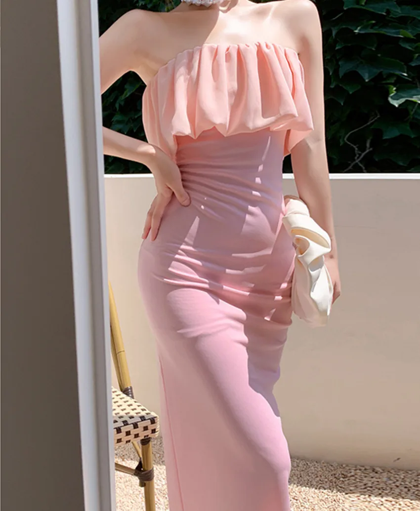 

2021 New Summer Fashion Casual Solid Dress Sleeveless Women Long Hip Dress Female Dress Slim Chest Wrapping Elegant Dress Ladies