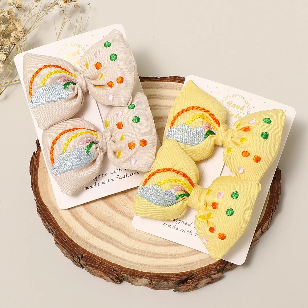 

2 шт., милые радужные хлопковые заколки с бантиком для девочек, яркие цвета, вышитые волосы с бантом, детские заколки для волос, spinki fo wlosow