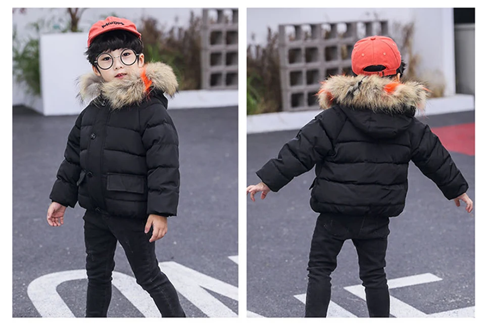 Winter Fashion Girls Big Fur Collar Down Jacket Cotton Boy Hooded Jacket Thickening Children's Warm Cotton Jacket 3-8 years old