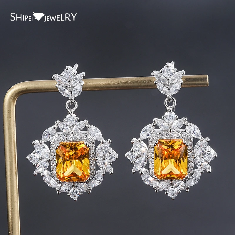 

Shipei Luxury 925 Sterling Silver Yellow Created Moissanite Gemstone Dangle Earrings Wedding Engagement Fine Jewelry Wholesale