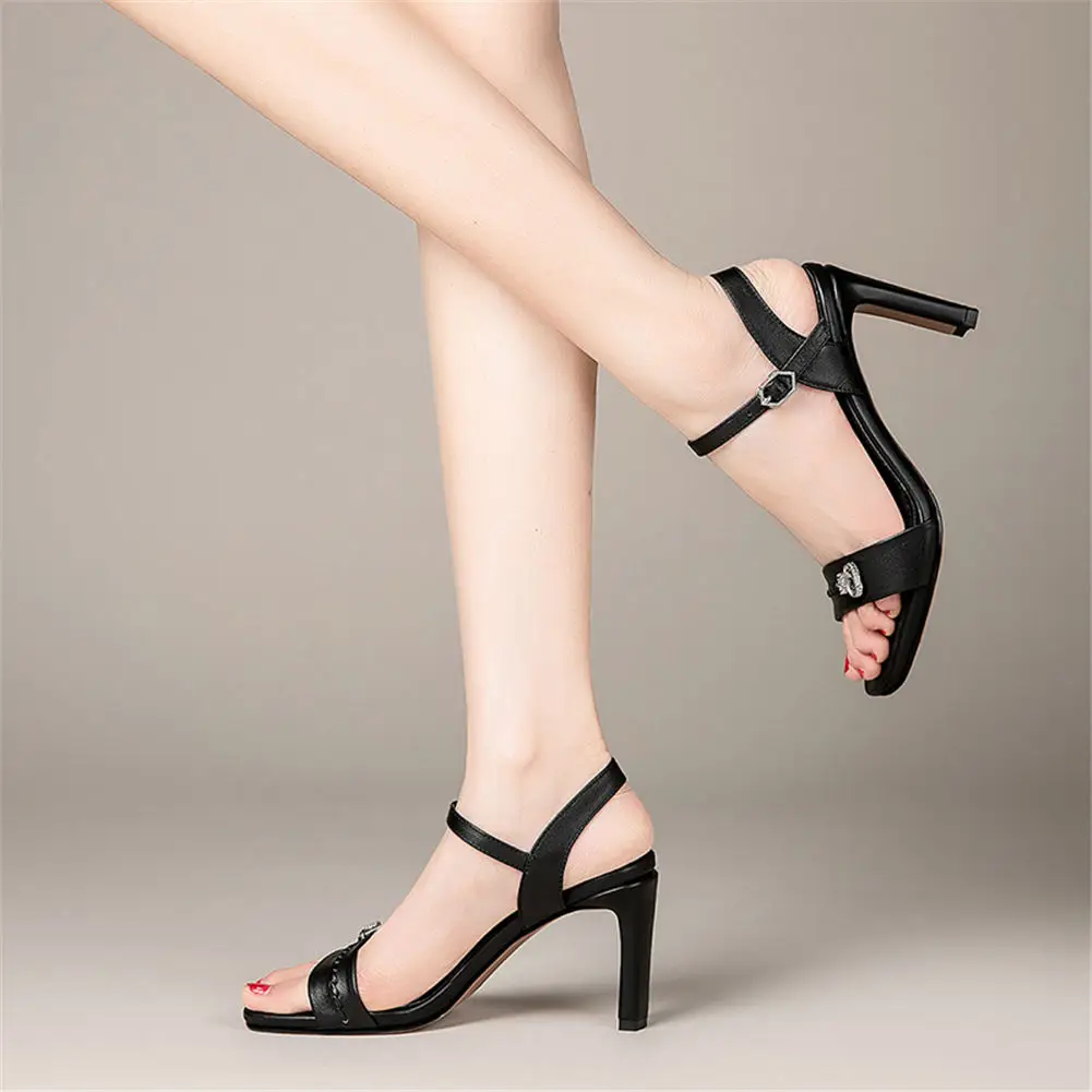

KARINLUNA Genuine Leather Solid Female Square Toe Sandals Open Toe Chain Buckle Strap Women Sandals High Heels Women Shoes