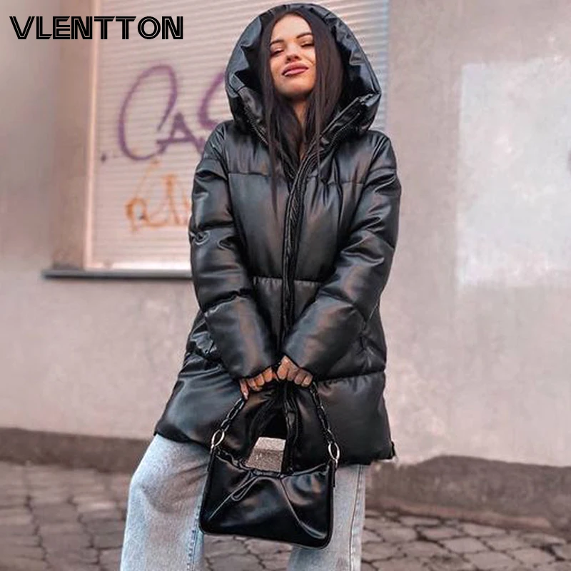 Худи женское утепленное из искусственной кожи толстая парка на молнии длинная