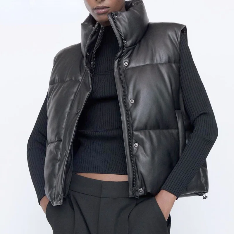 

New Autumn Winter Women Black Sleeveless Faux Leather Jacket Casual Zipper Solid Coat Female Warm Cotton Outwear Tops