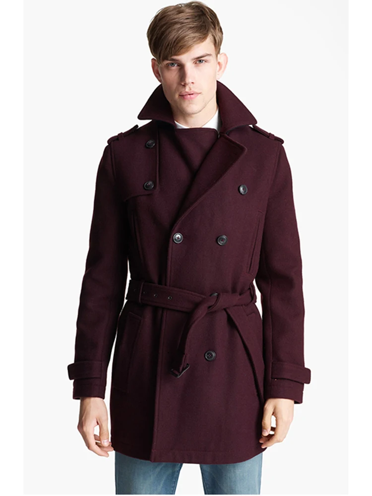 Мужской бордовый тренчкот двубортное зимнее пальто на заказ длинное Кашемировое