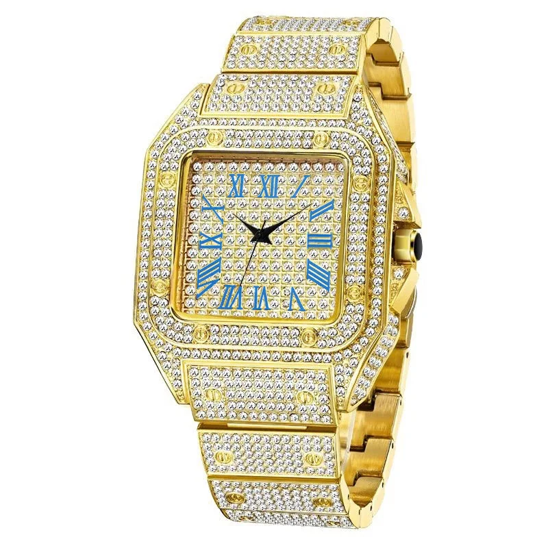 

Женские часы в стиле хип-хоп, роскошные часы из нержавеющей стали с фианитом и кожаным ремешком, с датой, 2021