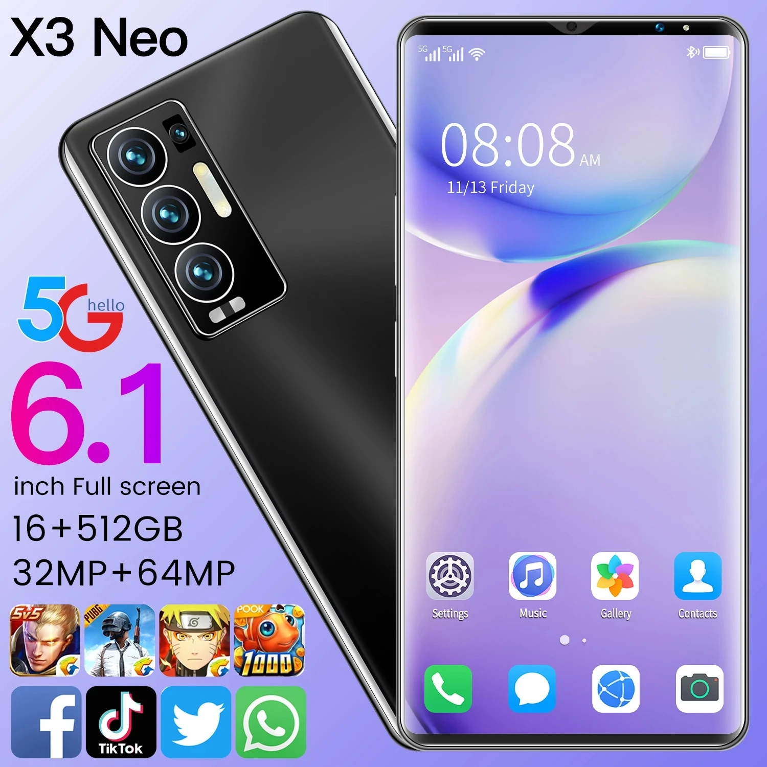 

Teléfono Inteligente X3 NEO, versión Global, 6,1 pulgadas, 16 GB de RAM + 512 GB de ROM, batería de 6000MAh, Android, compatible