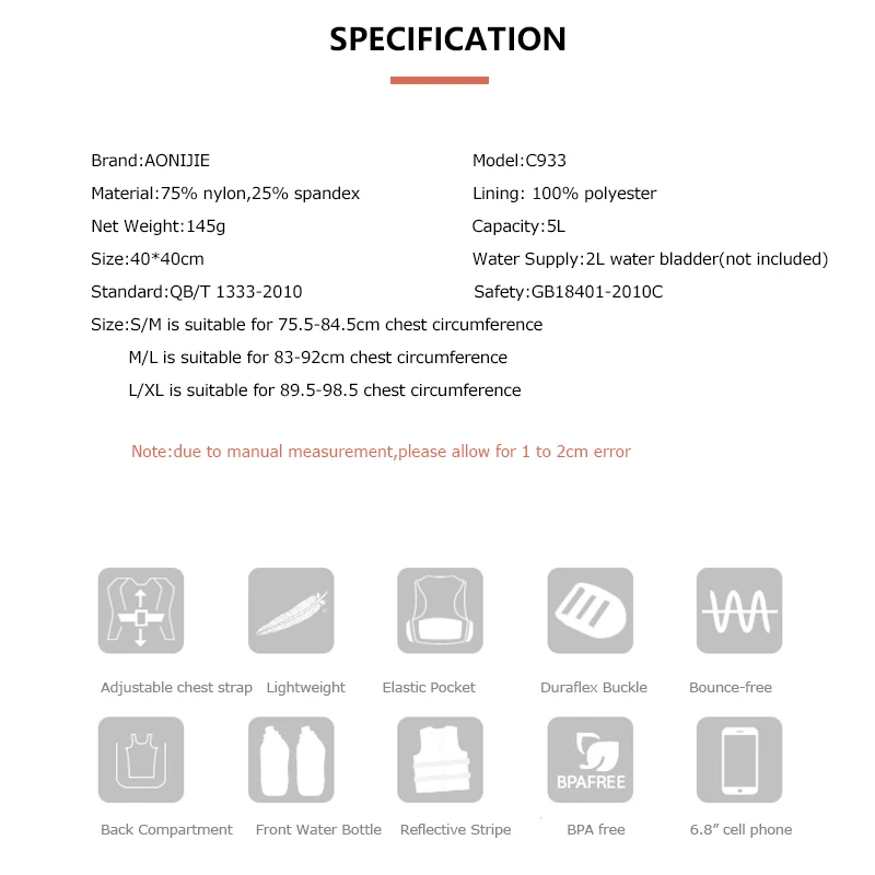 AONIJIE Hydration Pack Backpack Rucksack Bag Vest Harness Water Bladder Hiking Camping Running Marathon Race Climbing 5L C933