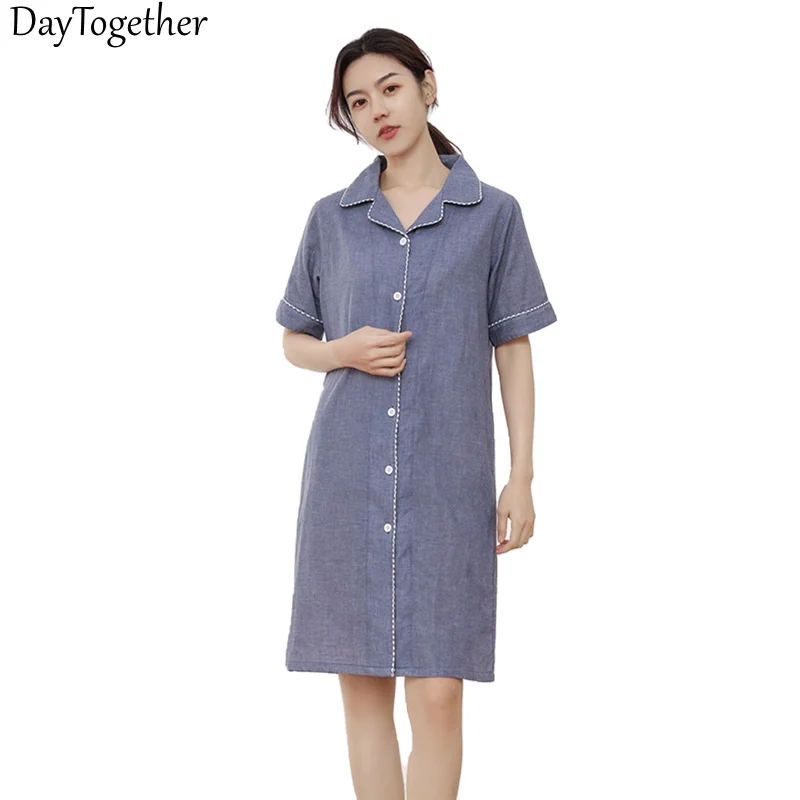 

Summer Womens Nightdress Color Blue Gray Cotton Short Sleeve Loose Household Contracted Female Sleepwear Nightgown