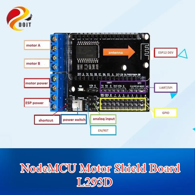 

DOIT NodeMCU Motor Shield Board L293D for rc robot tank car diy model for ESP-12E From ESP8266 ESP 12E Kit DIY RC Toy WiFi