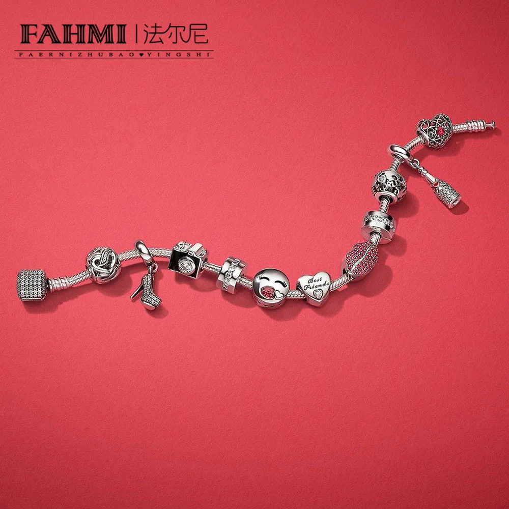 FAHMI 100% 925 пробы серебряный браслет с подвесками в форме сердца шампанского|Гибкие