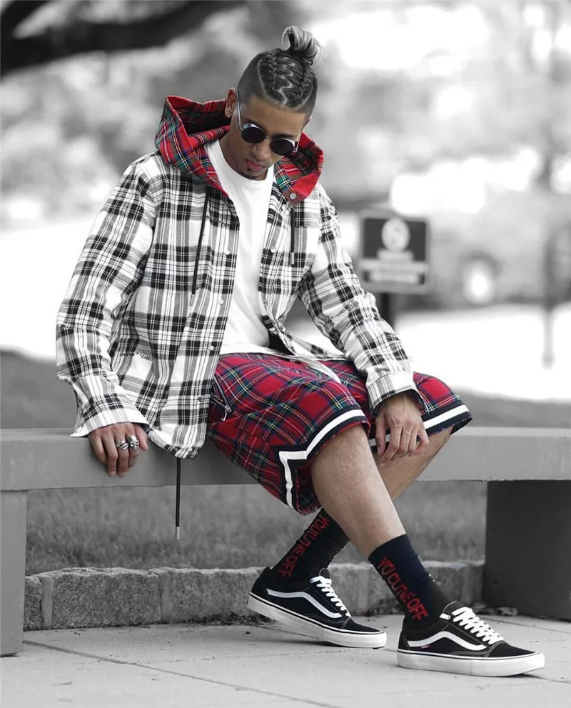 

Preto nevoeiro rua preto/vermelho grande e alto roupas urbanas sweatpants justin bieber zper harem vero escocs xadrez shorts
