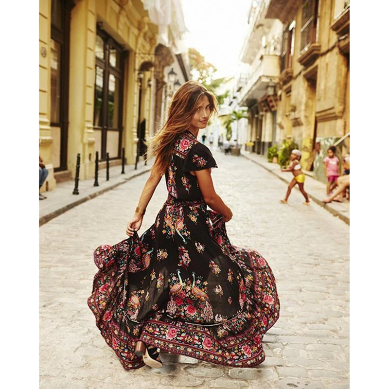 Женское винтажное платье макси с V образным вырезом|Женские платья| |