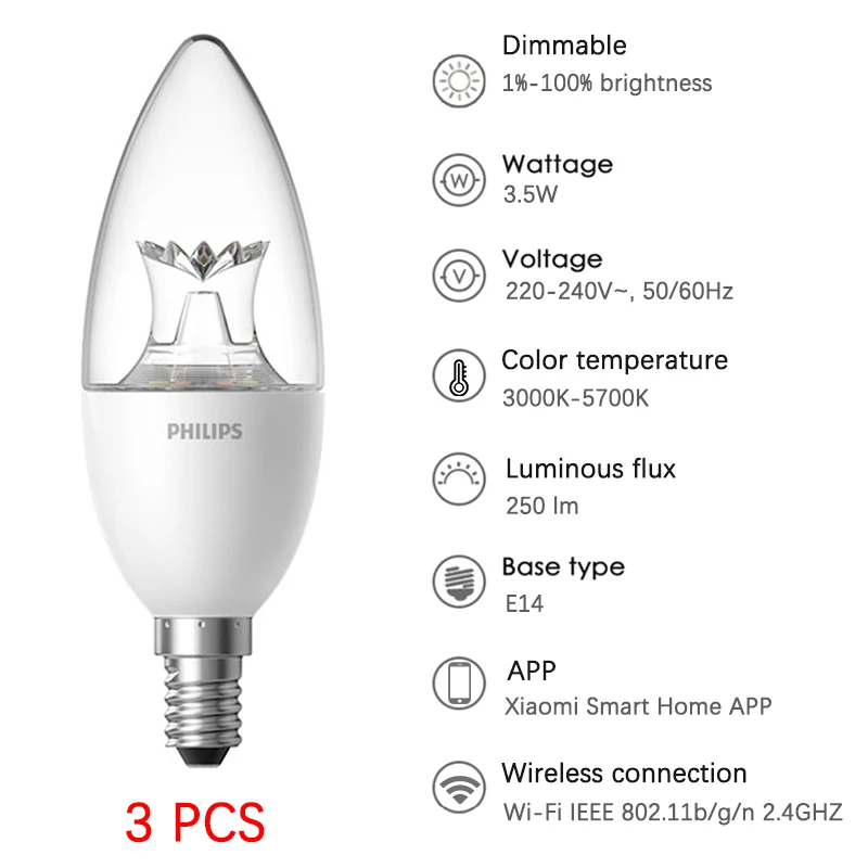 3PCS crystal version Xiao mi jia светодиодные свечи Смарт светильник лампа WiFi E14 затемнения PHILIPS Zhirui лампа приложение управление mi умный дом устройство автоматизации - Цвет: 3PCS crystal version