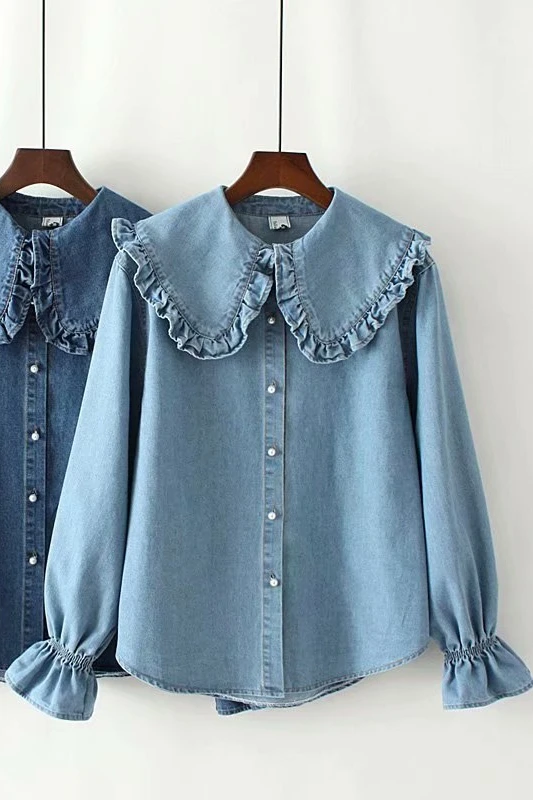 

Doll Collar Denim Shirt Kawaii Long Sleeve Shirt Bottoming Shirt Japanese Spring and Autumn New Korean Sweet Ruffled