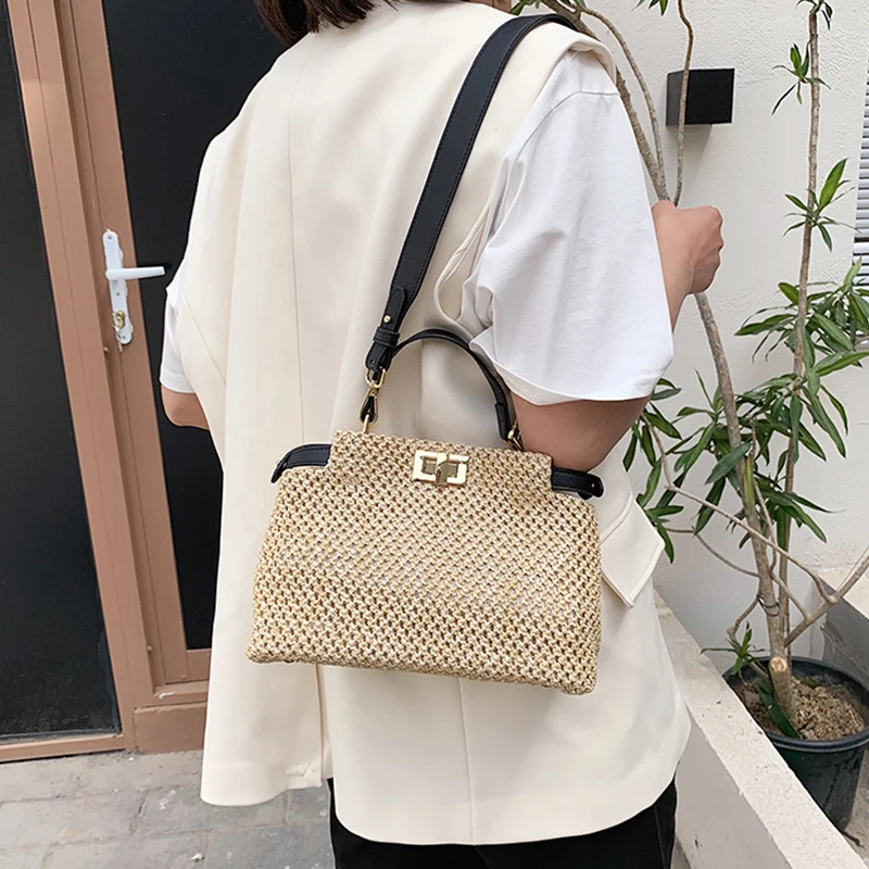 

2021 ladies handbag design brand rattan one-shoulder messenger bag fashionable straw wicker woven summer beach handbag purse