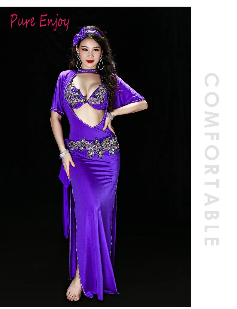 Красный Фиолетовый Костюм Танца Живота 5 Шт. Набор Женщины Bellydance Роскошный Египетский Стиль Galabeya Танцевальное Платье Спектакли