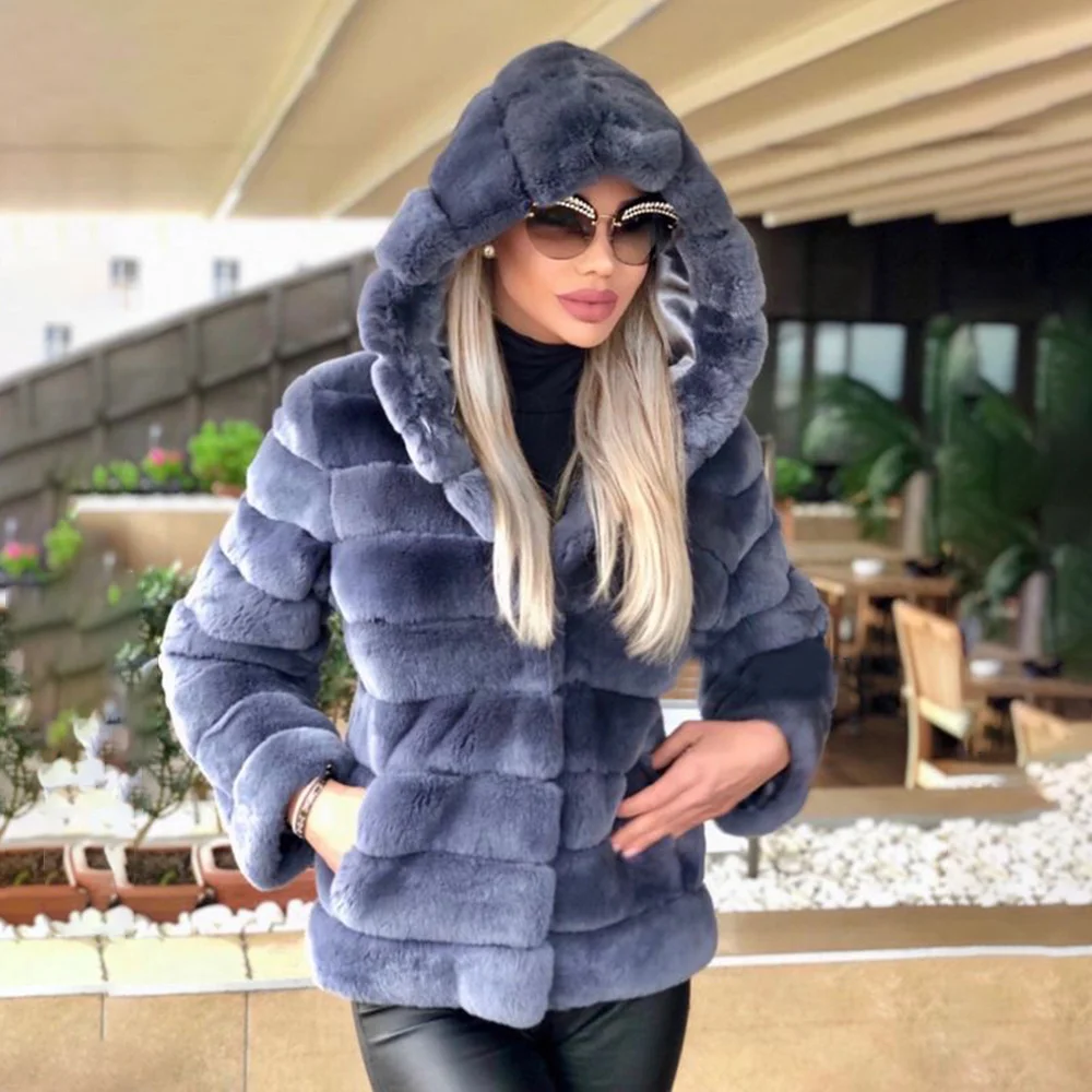 Real Rex Rabbit Fur Jacket With Hood High Quality Women Winter New Whole Skin Genuine Rex Rabbit Fur Coat Trendy Fur Overcoats