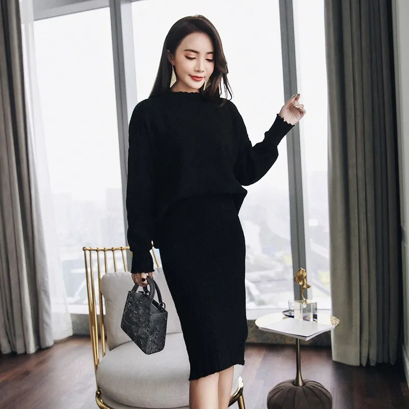 Пуловер свитер и юбка с высокой талией вязаный комплект из двух предметов