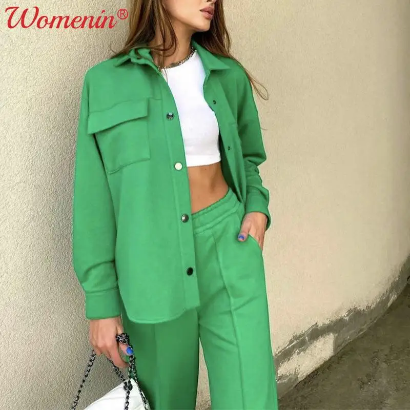 

Women's Tracksuit Basic Shirt Solid Trousers Sets 2021 Autumn Winter Long Sleeve Turn-down Shirt 2 Piece Set Lady Sport Suits