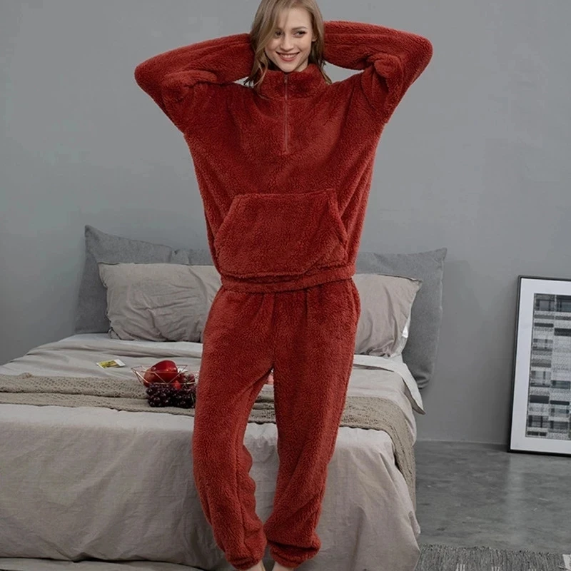 Fluffy Lover Pajama Set Winter Fleece Warm Women's Sleepwear 2 Pcs with Trousers Turtleneck Thicken Pijama Suit for Female 2023