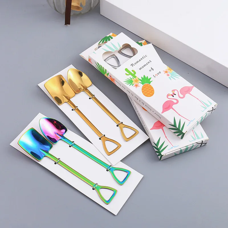 

2Pcs Shovel Spoon Stainless Steel Afternoon Tea Coffee Spoon Long Handle Ice Cream Dessert Square Tableware Shovel Spoon Gift