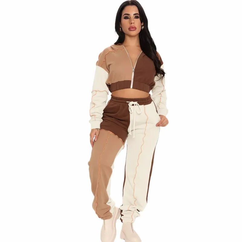 

Crop Tops Two Piece Set Women Zipper Hooded Short Jacket And Pant Suits Autumn Winter New Patchwork Casual Tracksuit Set Outfits