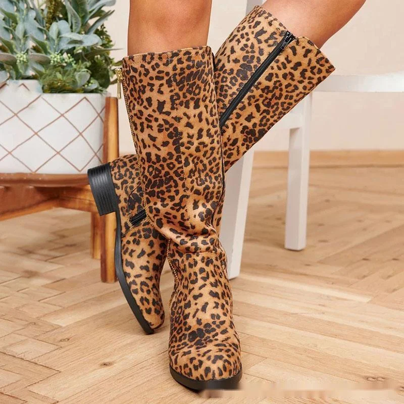 

New Fashion Autumn Women Knee High Boots Leopard Boots Women Pointed Toe Shoes Female Winter Zipper Boots Plus Size