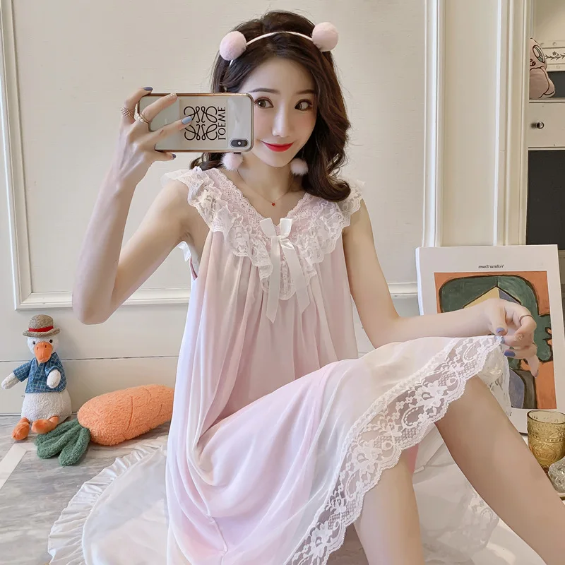 2020 Summer princess sweet condole lace belt breast cushion feminine sense sleeveless nightgown Smooth Lingerie for women | Женская