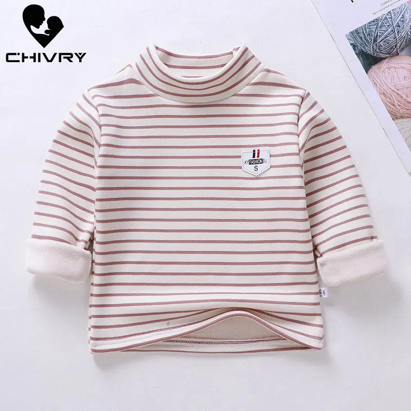 

New 2020 Autumn Winter Boys Girls Kids Striped T Shirt Tops Children Baby Turtleneck Long Sleeve Cartoon Print Warm T-shirts