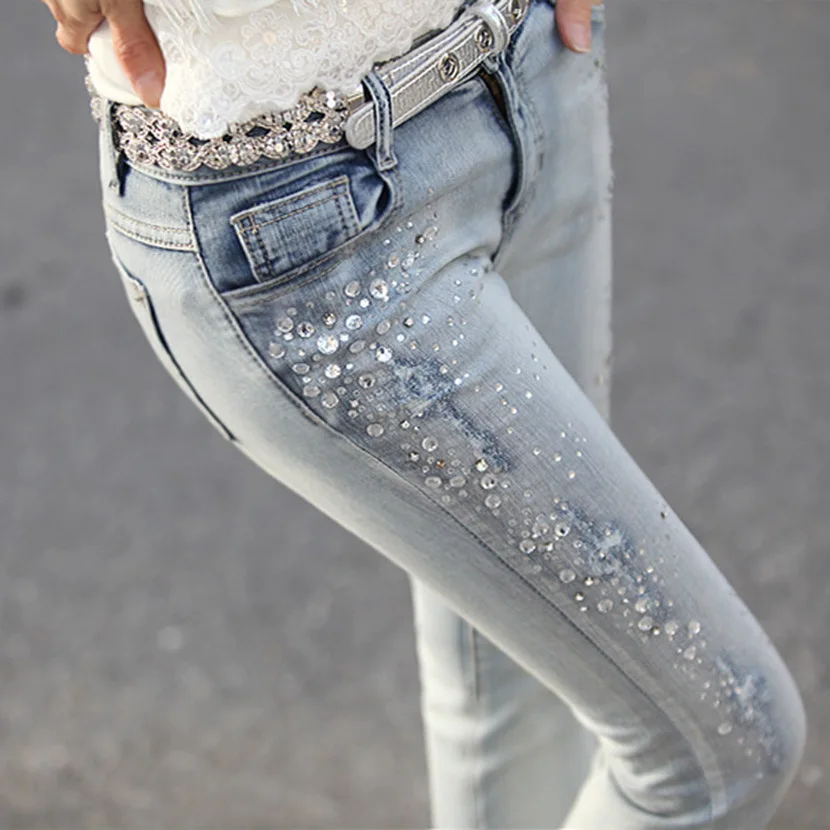 Ladies rhinestone Diamond denim jeans Patns Ripped Women's Vintage long trousers light blue Skinny Stretchy Pencil Pants | Женская