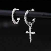 new style inlaid cross asymmetric tapered earrings silver plated zircon earrings personalized womens hip hop rock jewelry