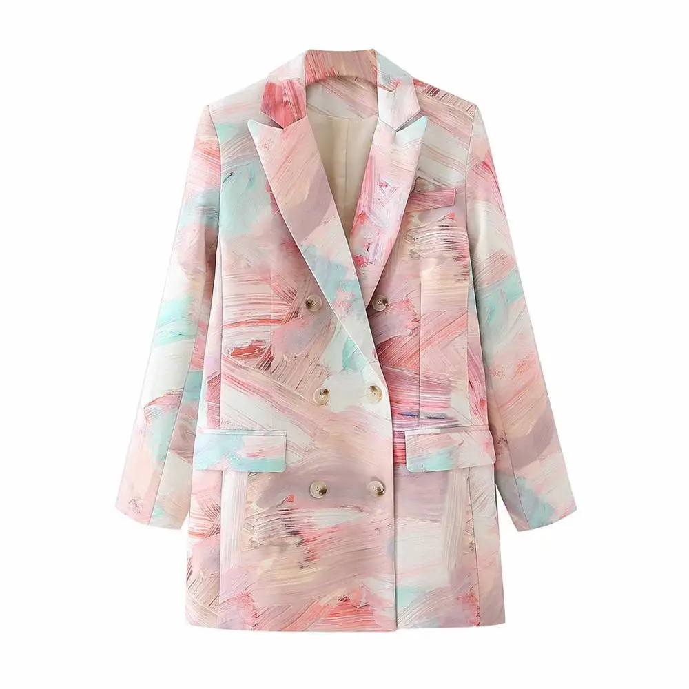 

Women Double Breasted Blazers And Jackets Scrawl Print Oversized Blazer Loose High Street Fashion Autumn Spring Suit Coat Female