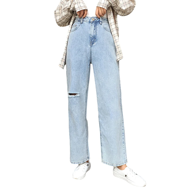 

2020 High Waist Drape Wide-Leg Pants Women'S Fall/Winter Loose Large Size Straight Hole Korean Style Old Jeans