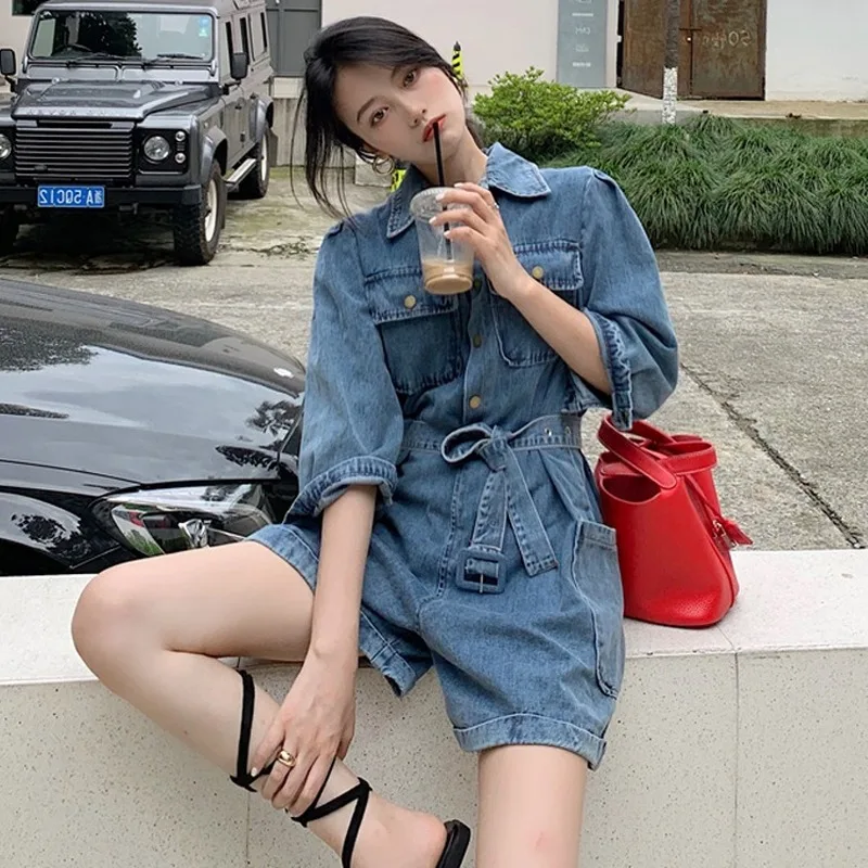 

2020 Newest Summer Half Sleeve Lapel Solid Loose Pockets Denim Jumpsuit Shorts Women Streetwear Vintage Casual Overalls Clothes