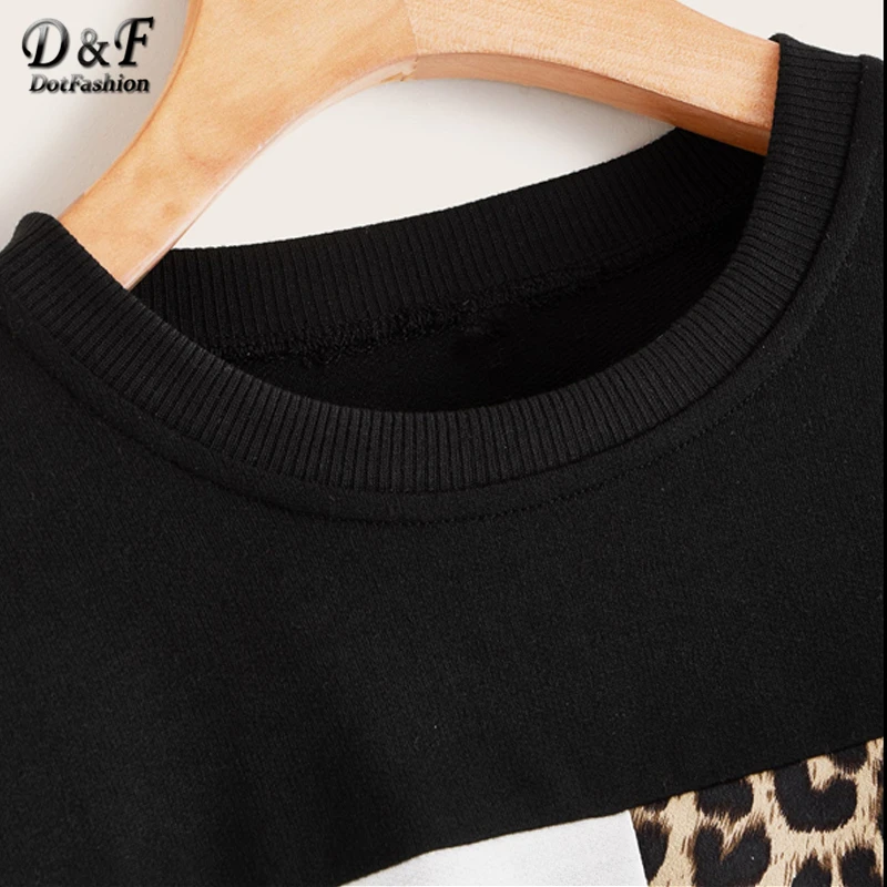 Dotfashion Black Casual Leopard Print Patchwork Sweatshirt Women Autumn Long Sleeve Sweatshirts Ladies Basic Sweatshirt