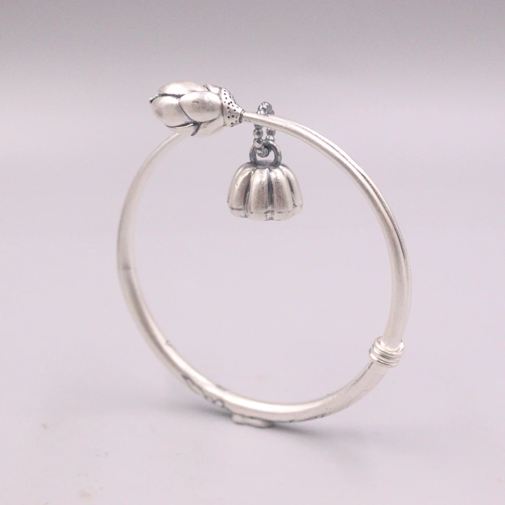 

Real Silver Bangle 999 Fine Silver Women's Pure Silver Bracelet Retro Lotus Adjustable Without Certificate Mother Gift 55-60mm